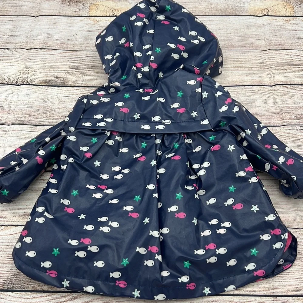 Gymboree Fish Pattern Navy Pink Fleece Lined Raincoat Size 6 to 12 Months